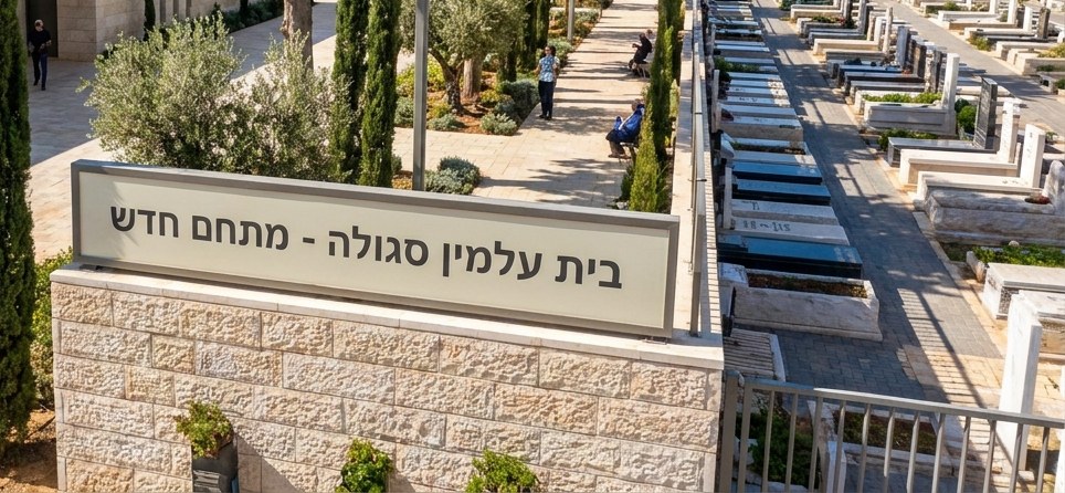 שלט בית עלמין סגולה בפתח תקווה ושורות מצבות במתחם החדש